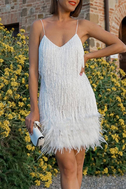 Sexy Solid Tassel Feathers V Neck Pencil Skirt Dresses White