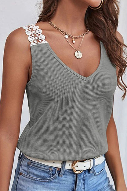 Casual Solid Lace Patchwork V Neck Tops(5 Colors) Light Gray