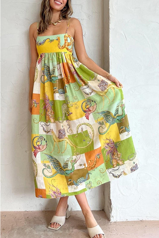 Sexy Vacation Animal Printing Sling Dress Dresses Green Yellow