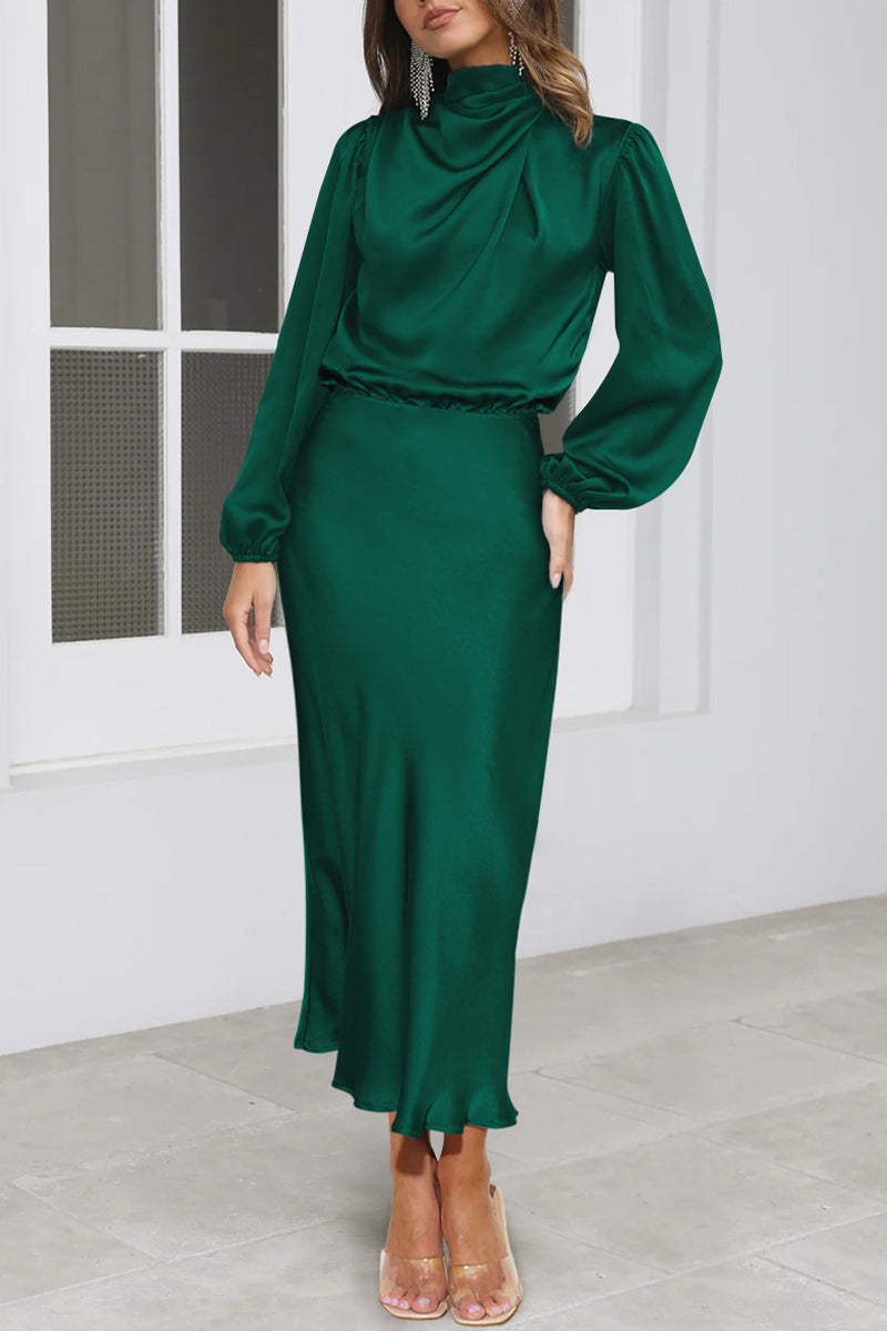 Elegant Solid Fold Half A Turtleneck Dresses Dark Green