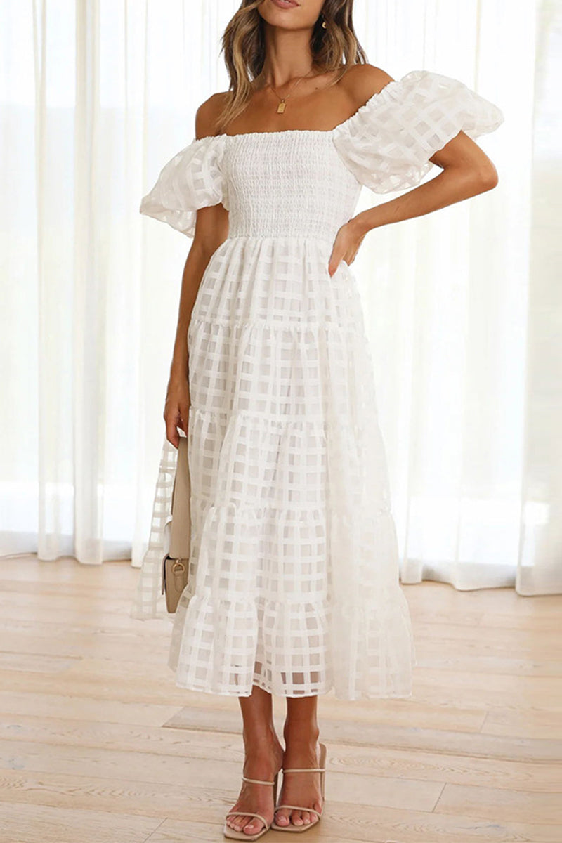 Sweet Elegant Solid Mesh Off the Shoulder Cake Skirt Dresses White