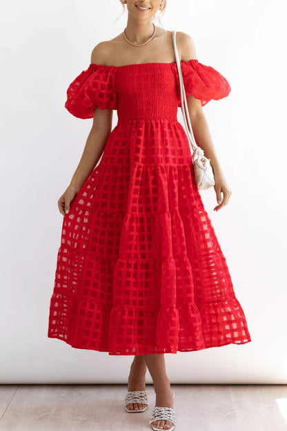 Sweet Elegant Solid Mesh Off the Shoulder Cake Skirt Dresses Red