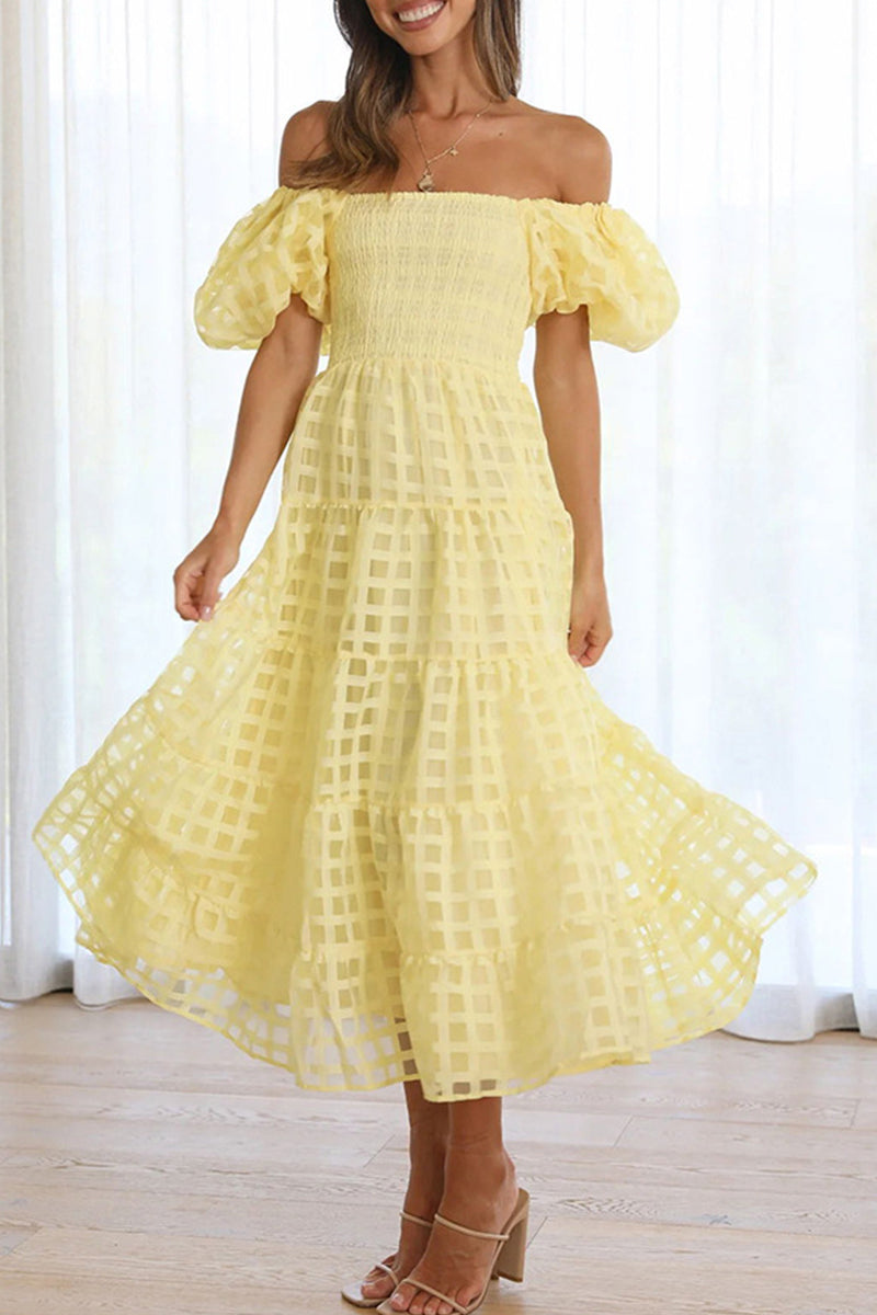 Sweet Elegant Solid Mesh Off the Shoulder Cake Skirt Dresses Yellow