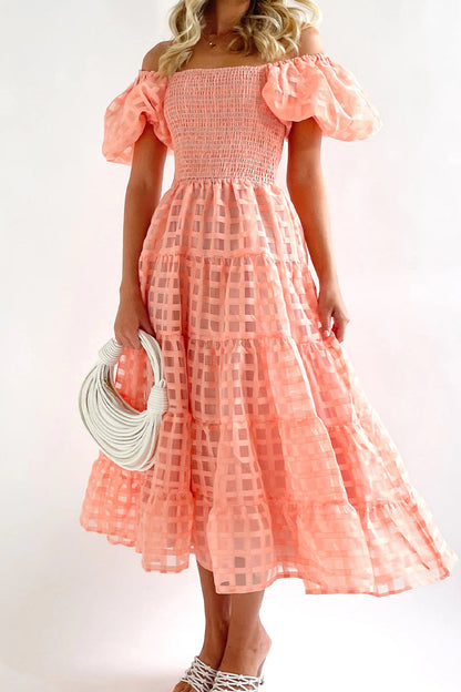 Sweet Elegant Solid Mesh Off the Shoulder Cake Skirt Dresses Pink