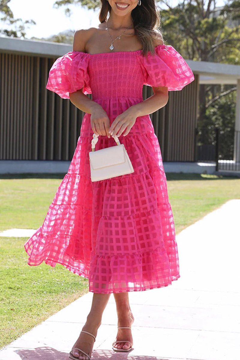 Sweet Elegant Solid Mesh Off the Shoulder Cake Skirt Dresses Rose Red