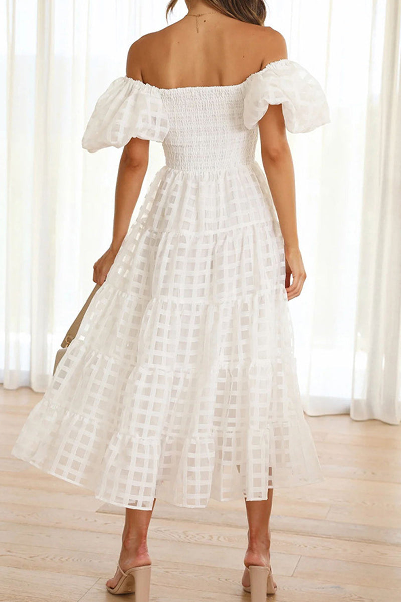 Sweet Elegant Solid Mesh Off the Shoulder Cake Skirt Dresses