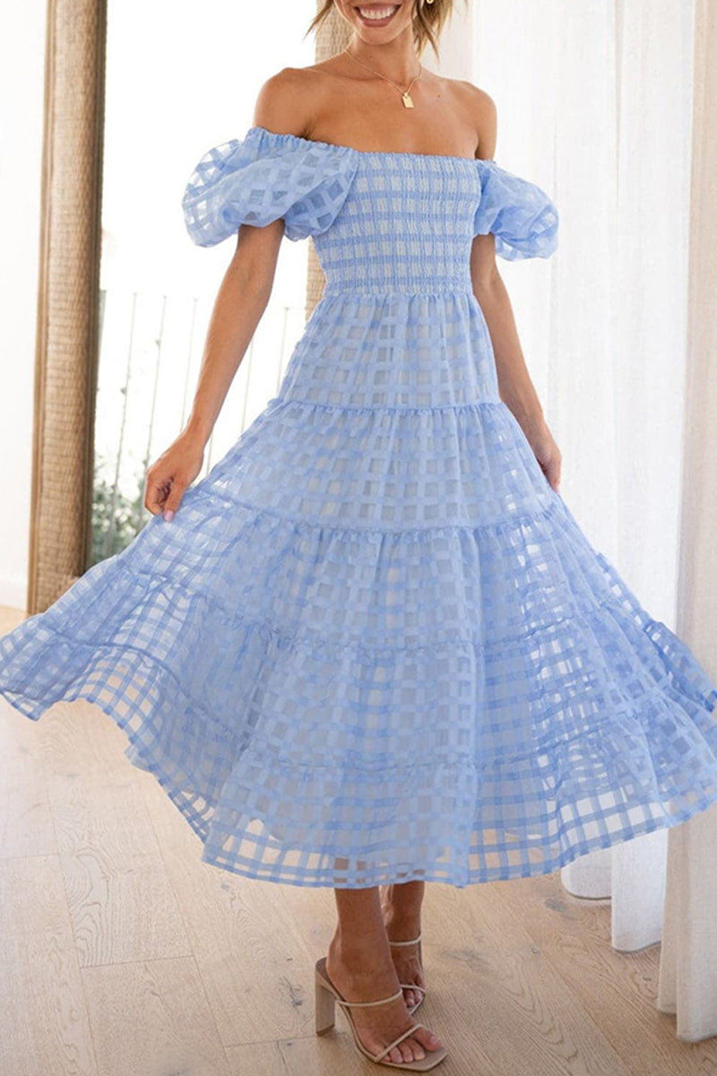 Sweet Elegant Solid Mesh Off the Shoulder Cake Skirt Dresses Sky Blue