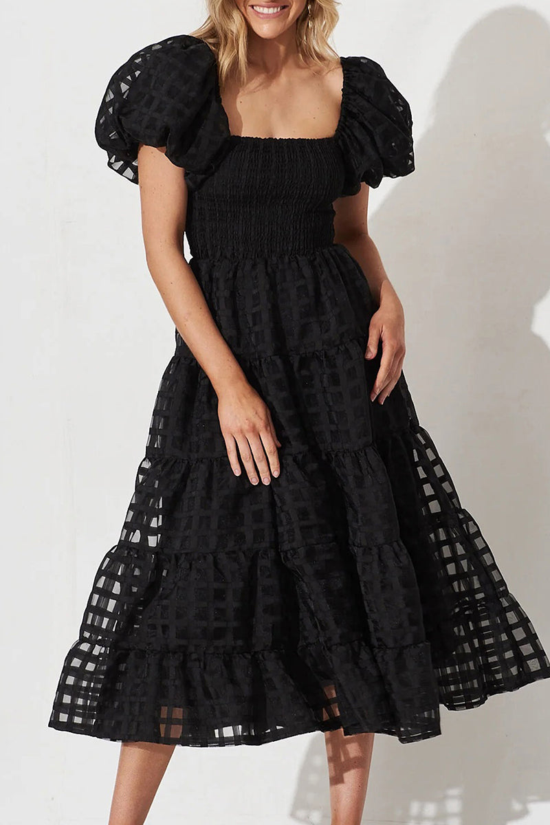 Sweet Elegant Solid Mesh Off the Shoulder Cake Skirt Dresses Black