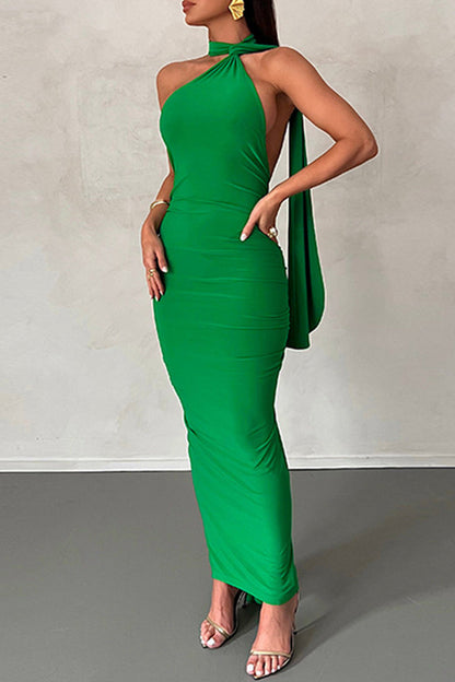 Sexy Formal Solid Backless Halter Pencil Skirt Dresses Green