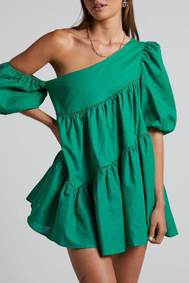 Casual Solid Patchwork Oblique Collar Irregular Dress Dresses Green