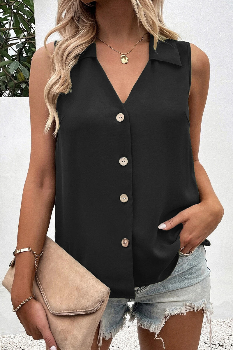 Daily Simplicity Solid Buttons V Neck Tops(5 Colors) Black