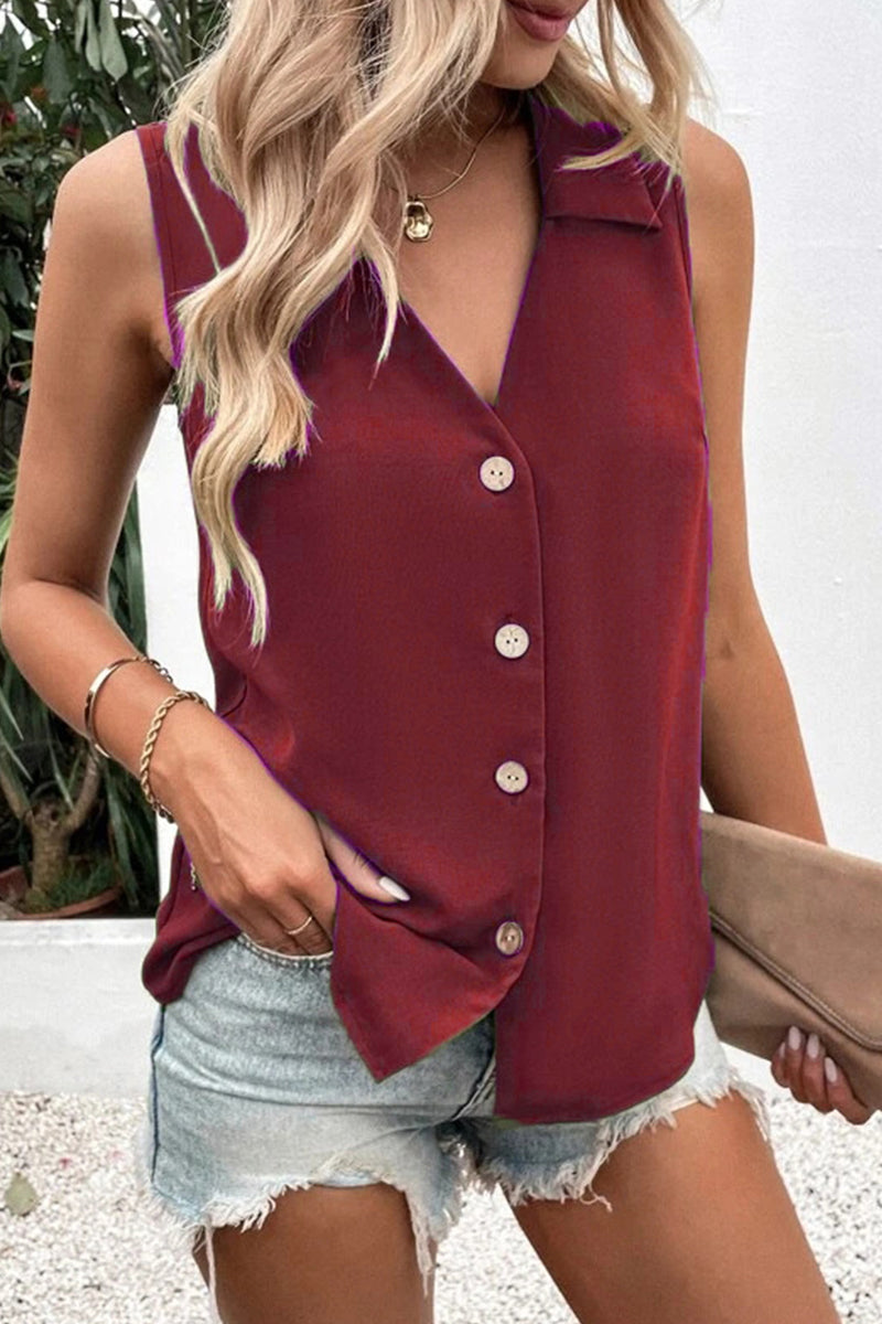 Daily Simplicity Solid Buttons V Neck Tops(5 Colors) Burgundy