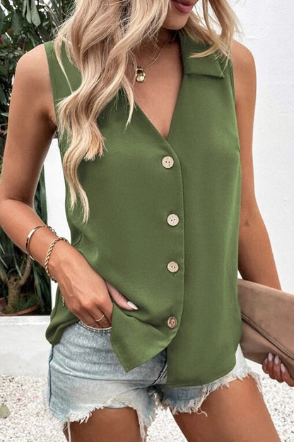 Daily Simplicity Solid Buttons V Neck Tops(5 Colors) Army Green