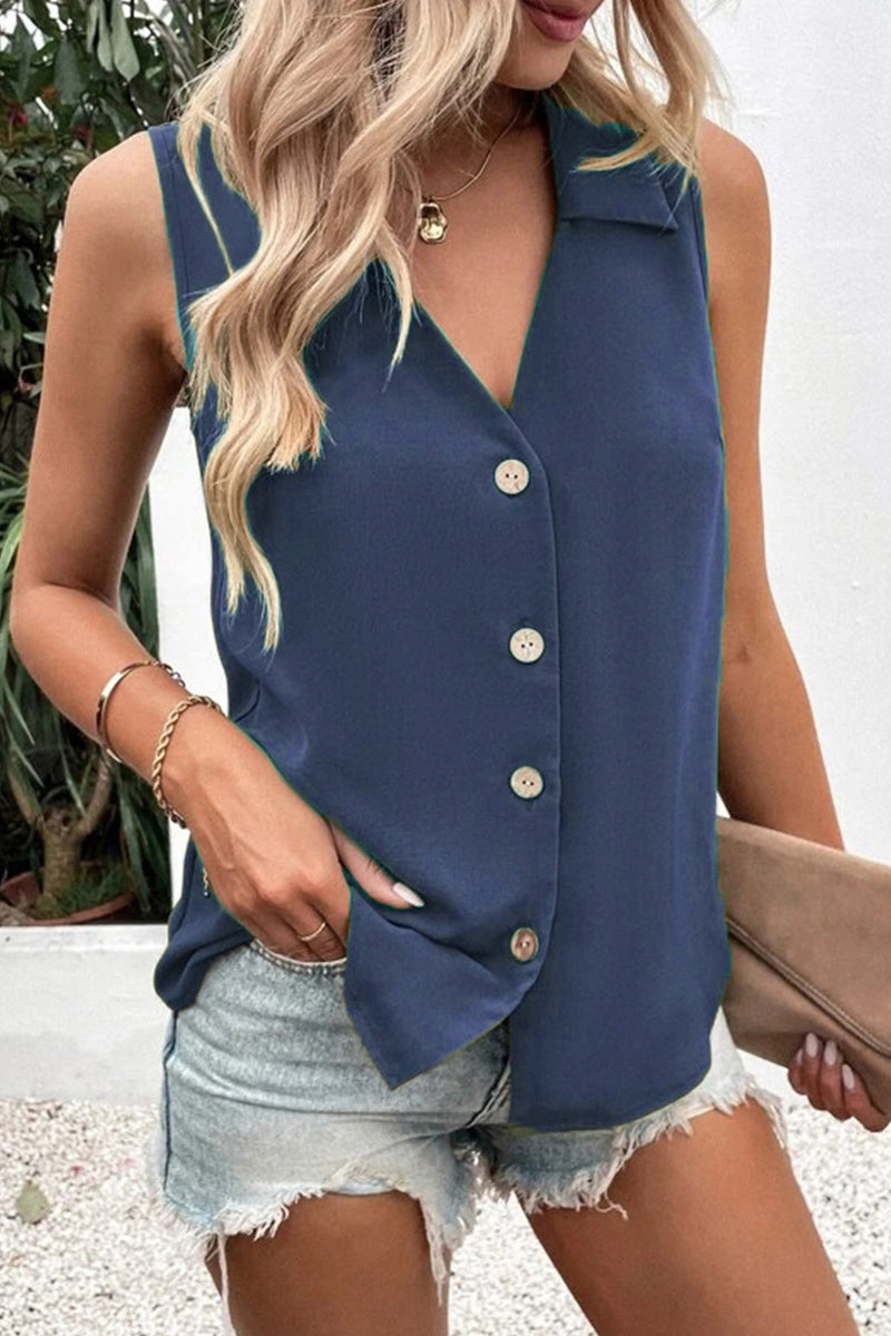 Daily Simplicity Solid Buttons V Neck Tops(5 Colors) Deep Blue