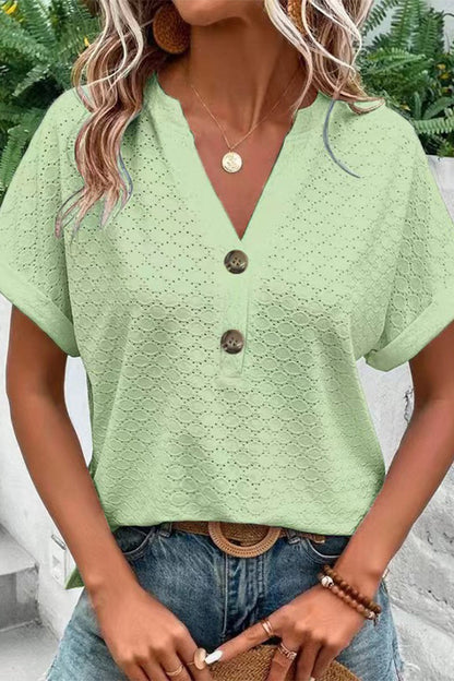 Casual Solid Buttons V Neck T-Shirts(10 Colors) Light Green