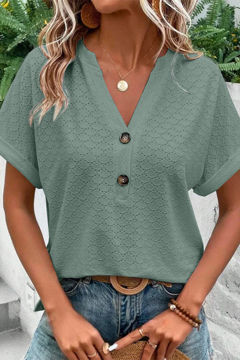 Casual Solid Buttons V Neck T-Shirts(10 Colors) Green