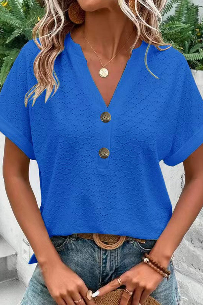 Casual Solid Buttons V Neck T-Shirts(10 Colors) Blue