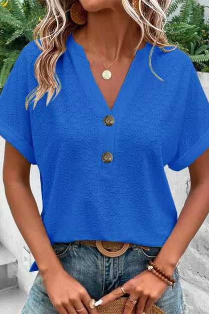 Casual Solid Buttons V Neck T-Shirts(10 Colors) Blue