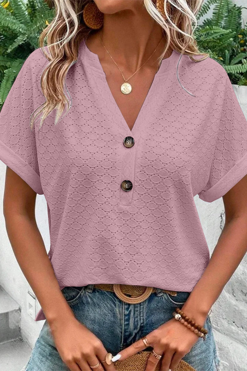 Casual Solid Buttons V Neck T-Shirts(10 Colors) Deep Pink