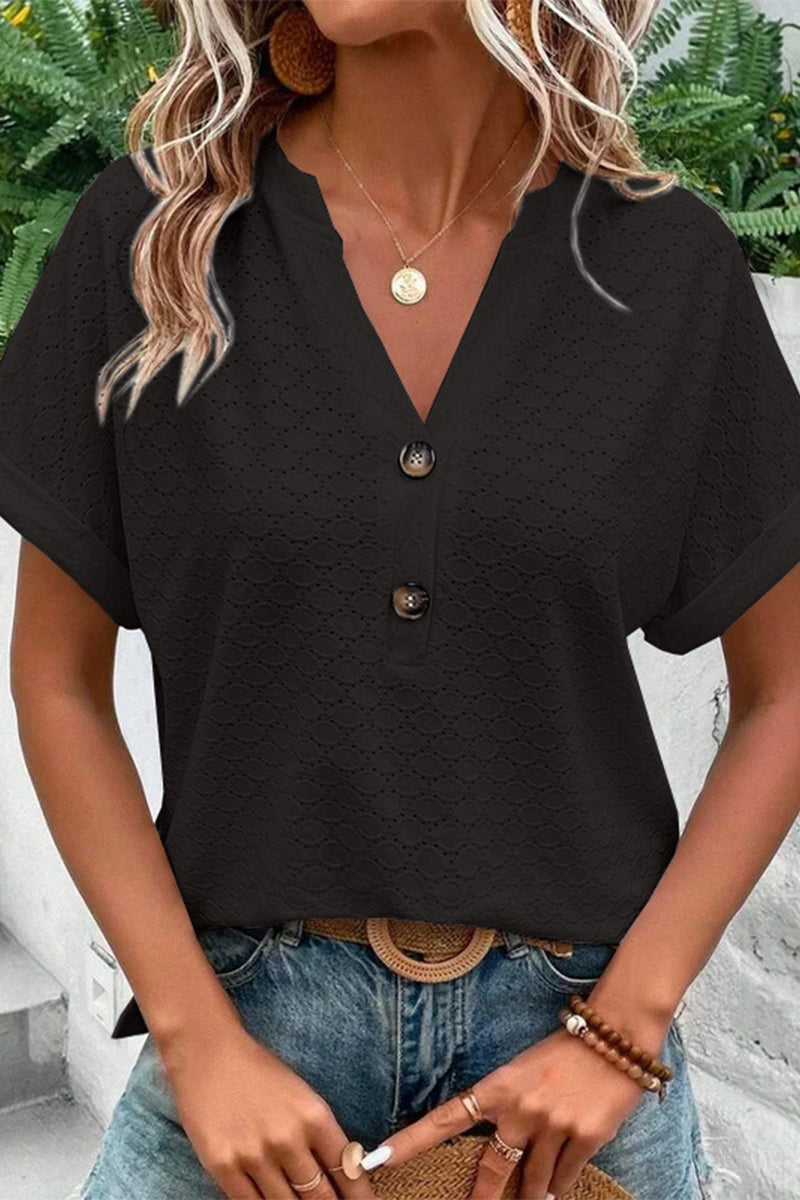 Casual Solid Buttons V Neck T-Shirts(10 Colors) Black