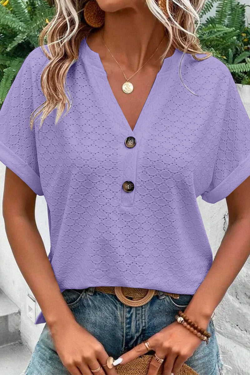 Casual Solid Buttons V Neck T-Shirts(10 Colors) Purple