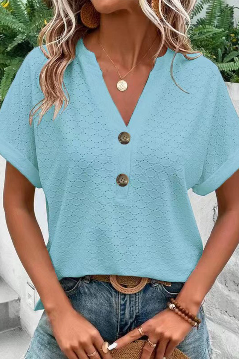 Casual Solid Buttons V Neck T-Shirts(10 Colors) Sky Blue