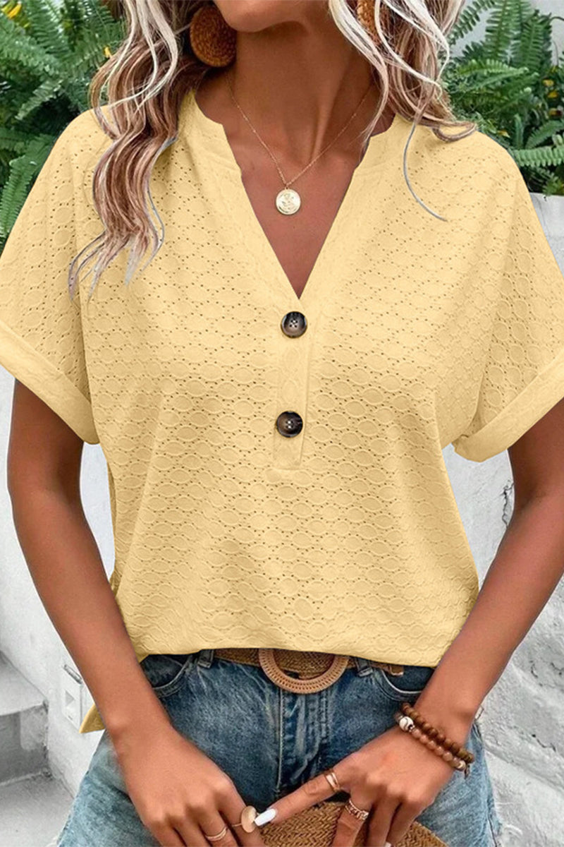 Casual Solid Buttons V Neck T-Shirts(10 Colors) Yellow