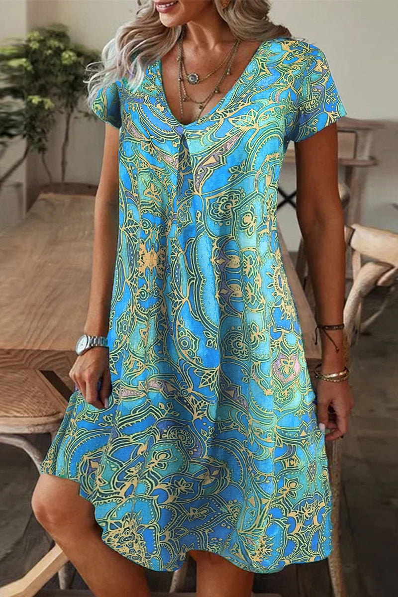 Casual Print Patchwork V Neck A Line Short Sleeve Dress Green