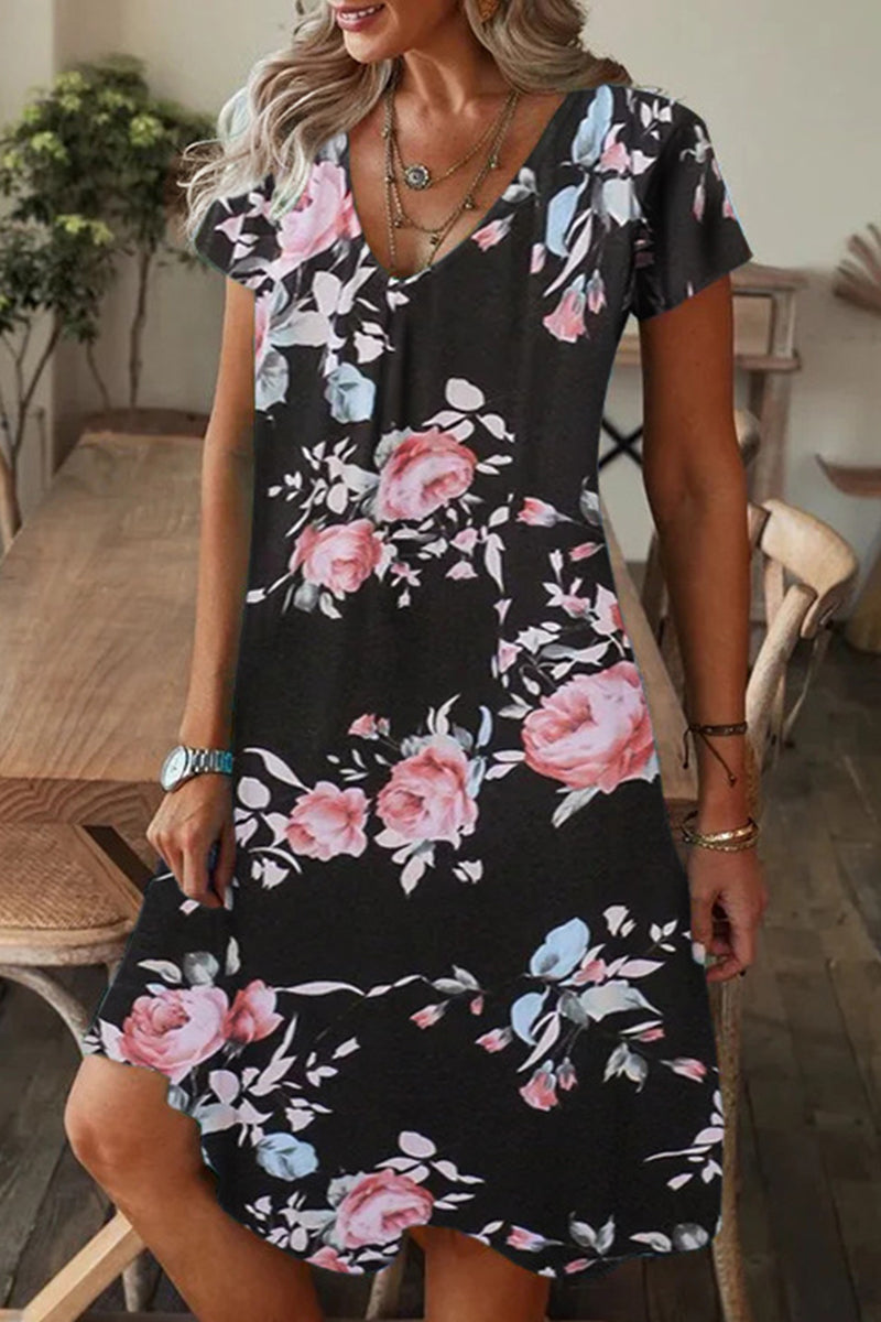 Casual Print Patchwork V Neck A Line Short Sleeve Dress Black