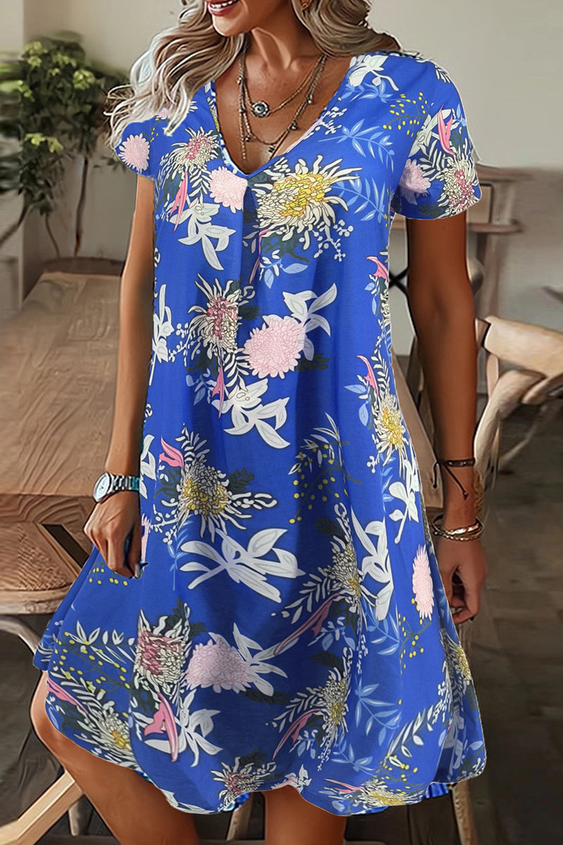 Casual Print Patchwork V Neck A Line Short Sleeve Dress Royal Blue