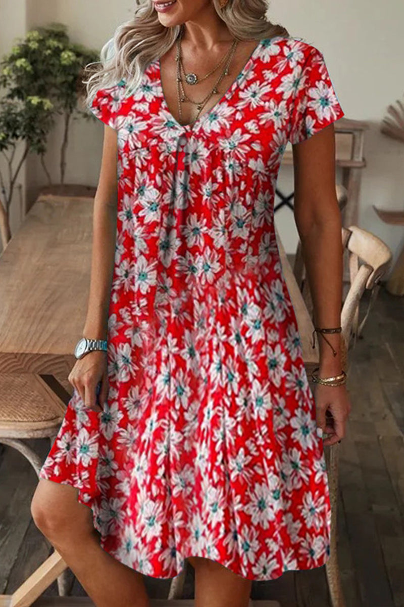 Casual Print Patchwork V Neck A Line Short Sleeve Dress Red