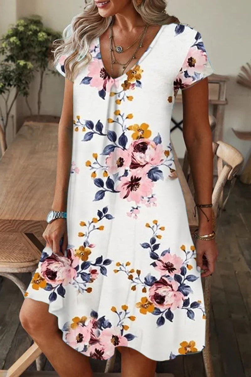 Casual Print Patchwork V Neck A Line Short Sleeve Dress White