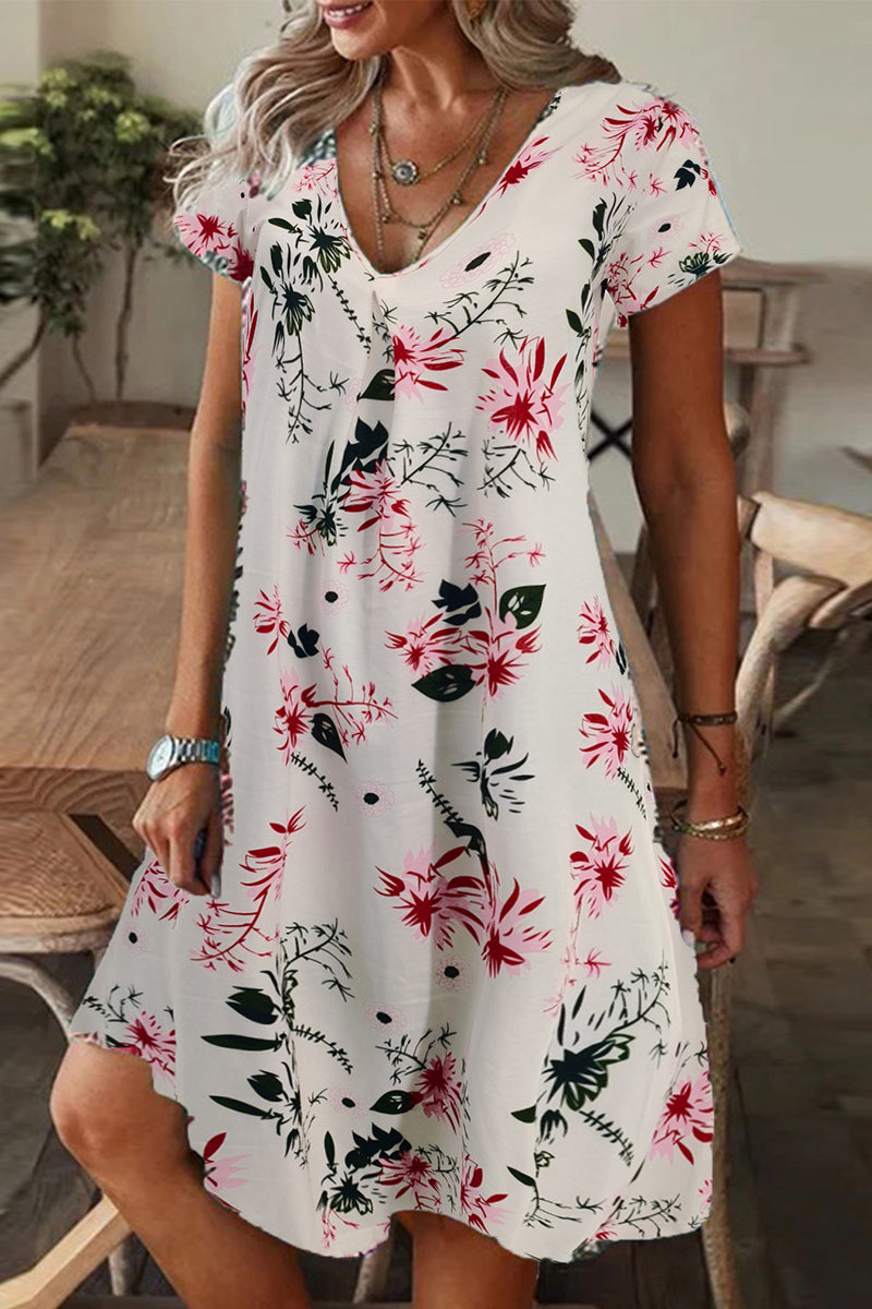 Casual Print Patchwork V Neck A Line Short Sleeve Dress White Grey