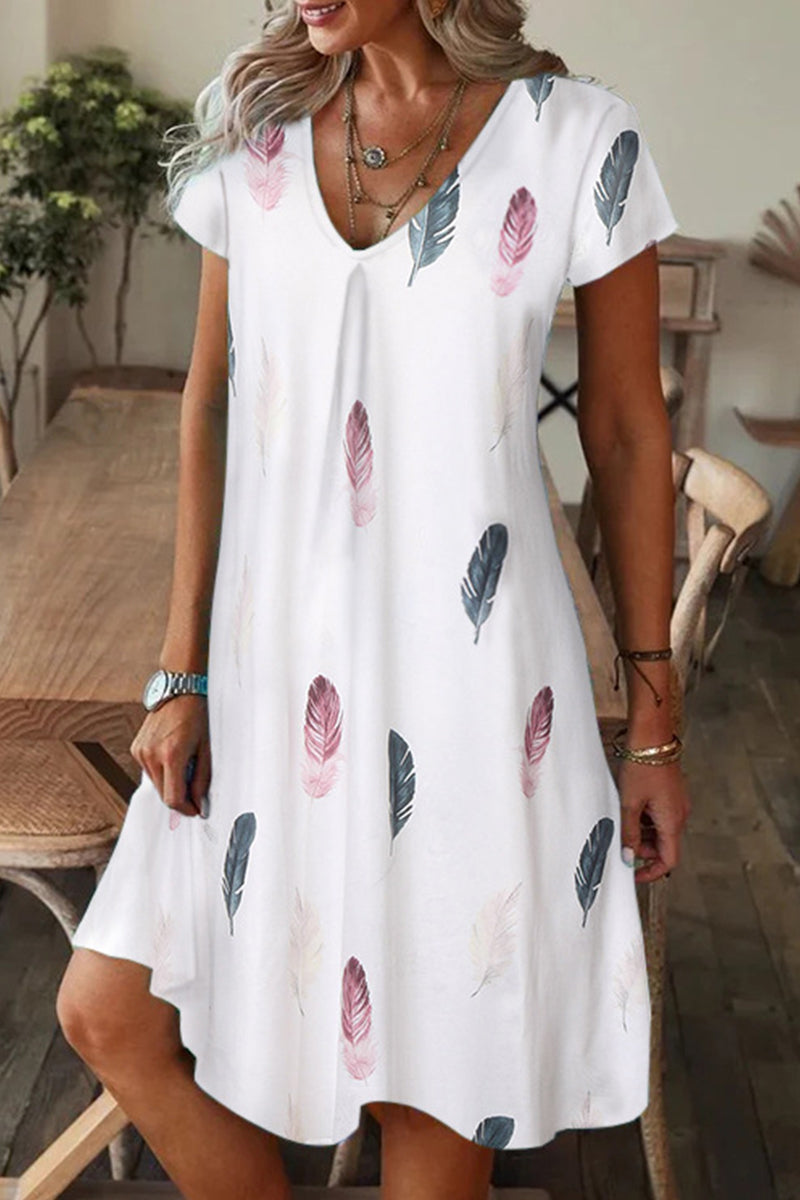 Casual Print Patchwork V Neck A Line Short Sleeve Dress Cream White