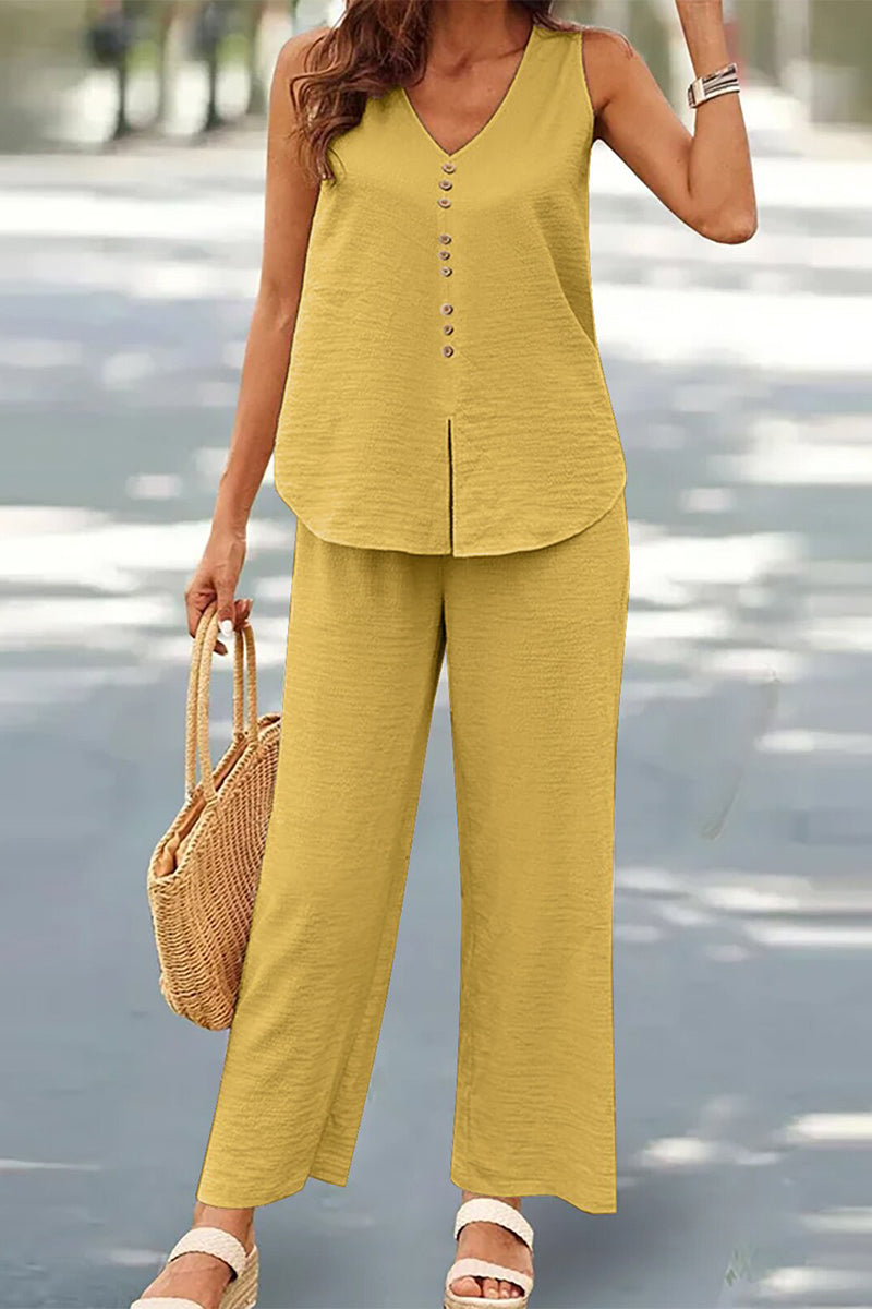 Casual Buttons V Neck Sleeveless Two Pieces(17 Colors) Earth Yellow