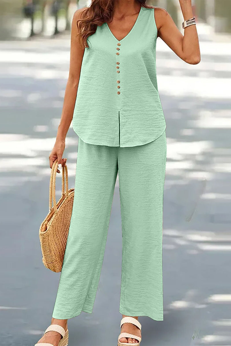 Casual Buttons V Neck Sleeveless Two Pieces(17 Colors) Green