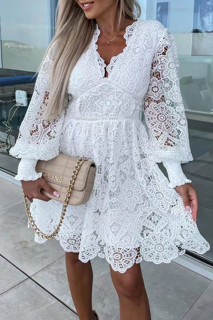 Sexy Celebrities Solid Lace Embroidered V Neck A Line Dresses(3 Colors) White