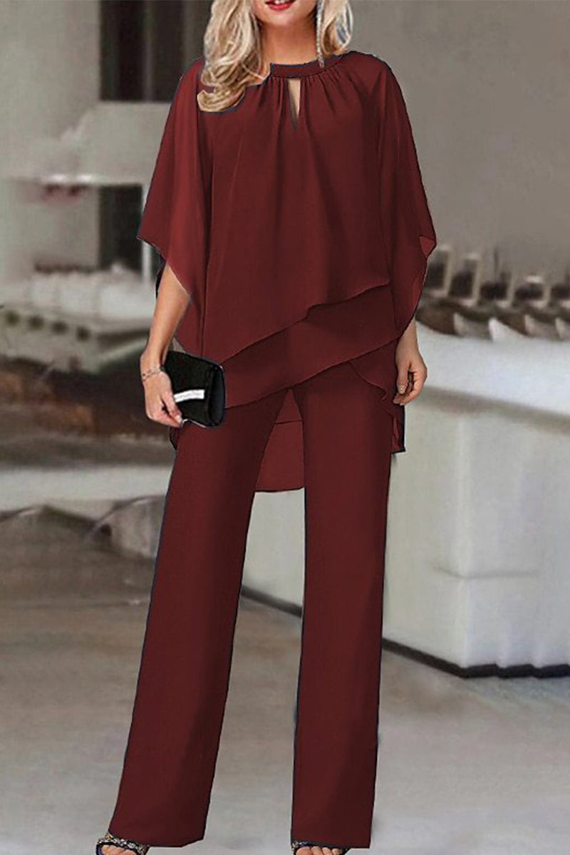 Casual Simplicity Solid Patchwork Asymmetrical O Neck Half Sleeve Two Pieces(4 Colors) Burgundy