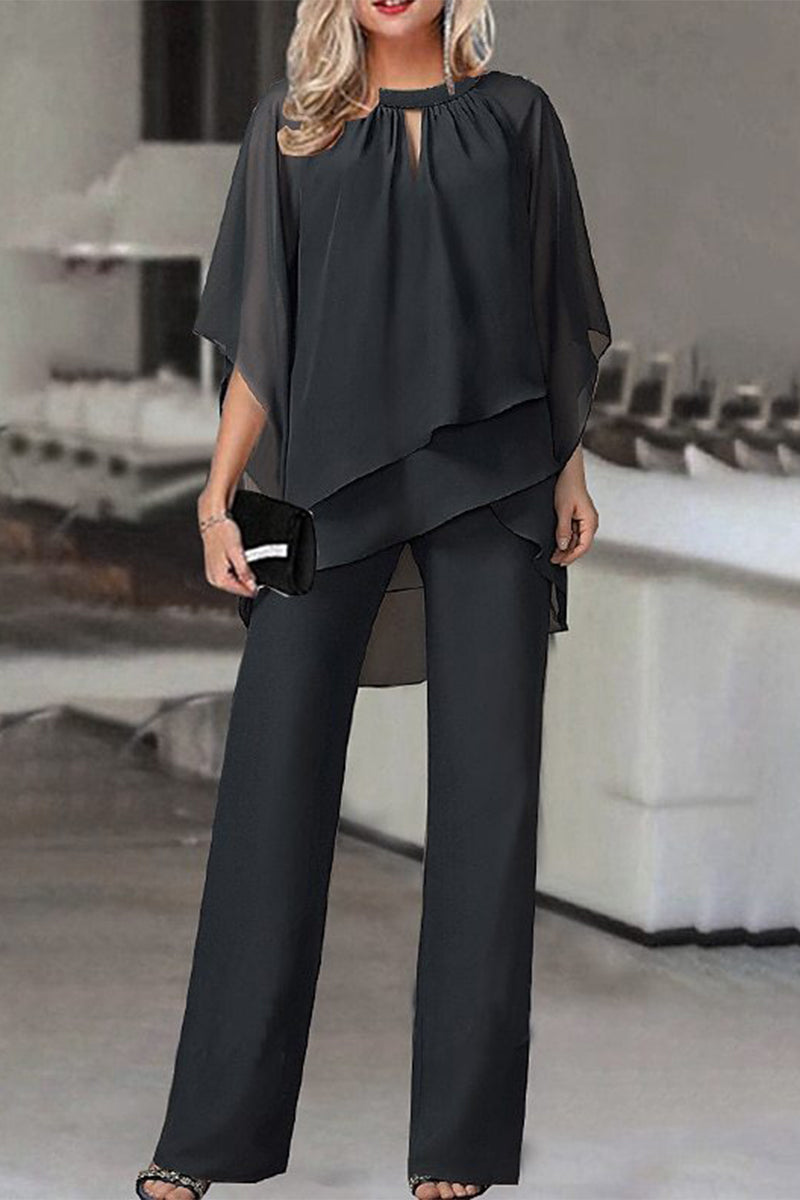 Casual Simplicity Solid Patchwork Asymmetrical O Neck Half Sleeve Two Pieces(4 Colors) Black