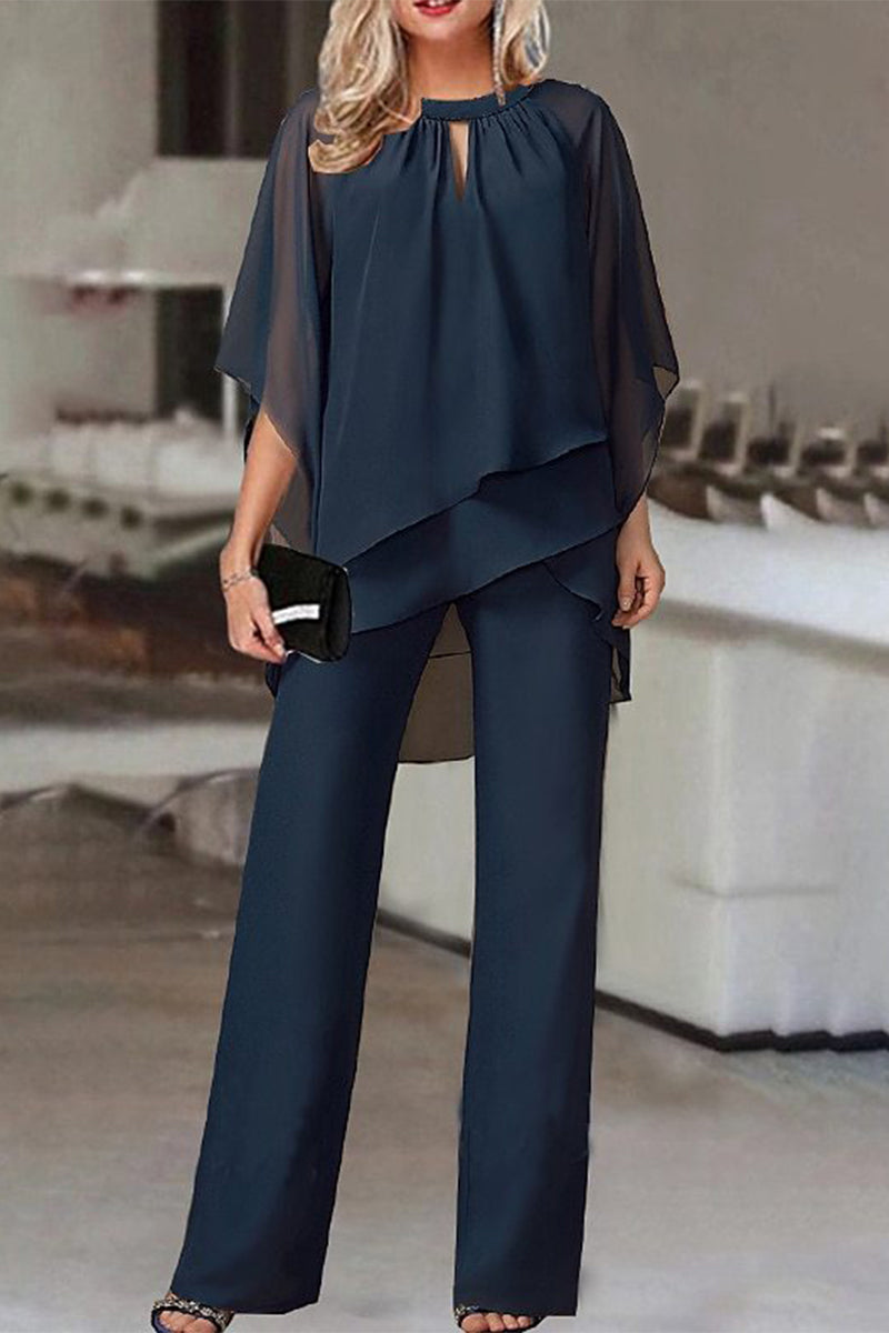 Casual Simplicity Solid Patchwork Asymmetrical O Neck Half Sleeve Two Pieces(4 Colors) Navy Blue