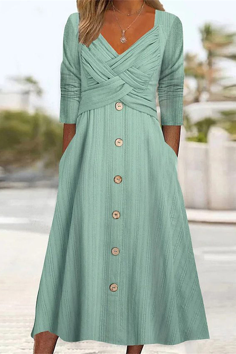 Casual Solid Buttons V Neck Long Sleeve Dresses Green