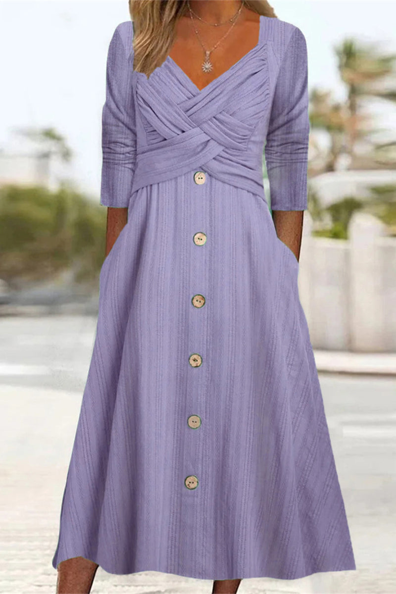 Casual Solid Buttons V Neck Long Sleeve Dresses Purple