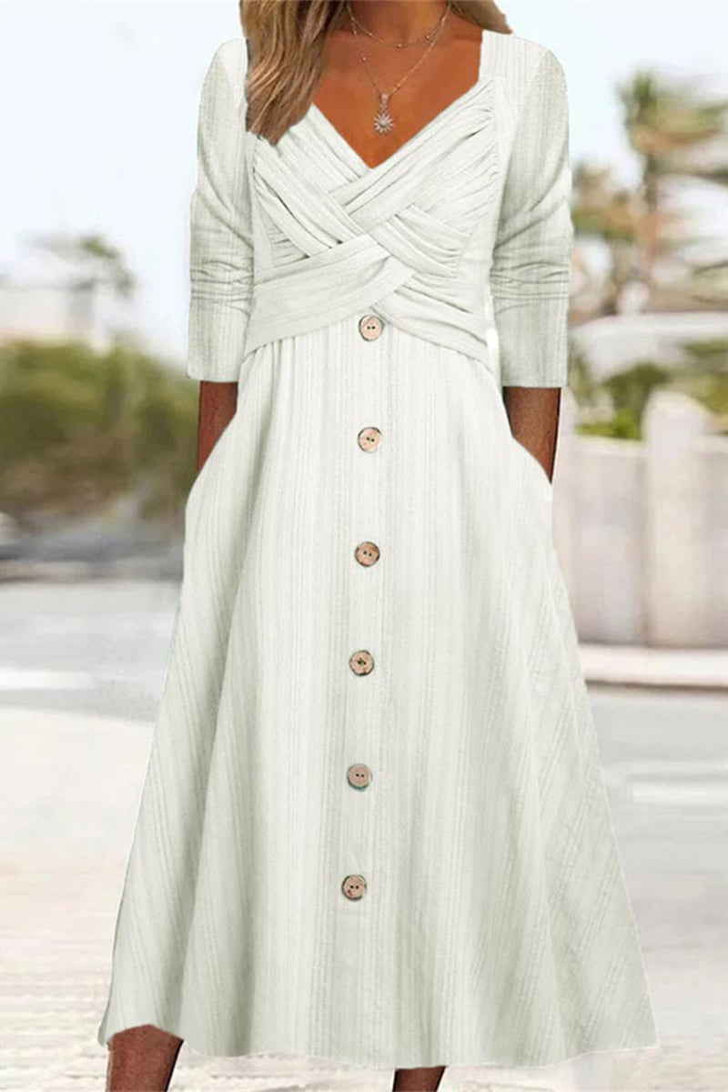 Casual Solid Buttons V Neck Long Sleeve Dresses White