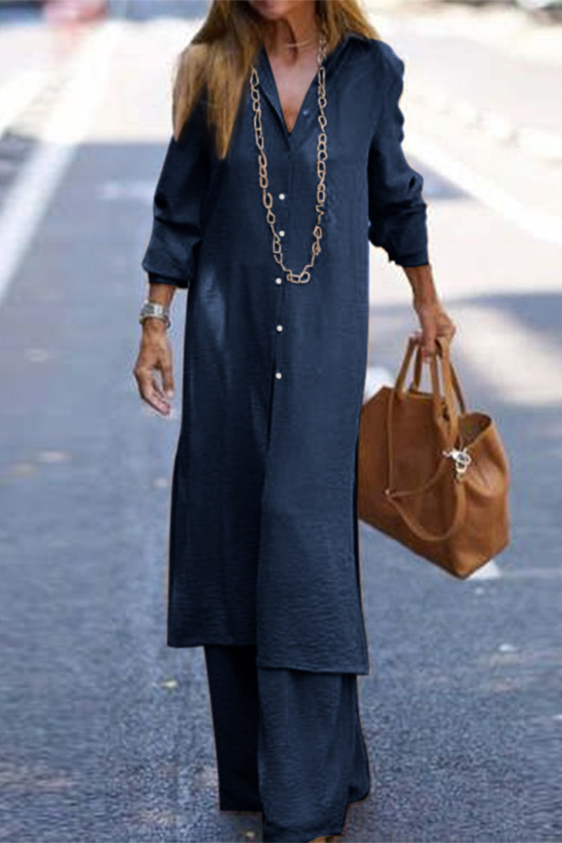 Casual Solid Buttons Turndown Collar Long Sleeve Two Pieces Tibetan Blue