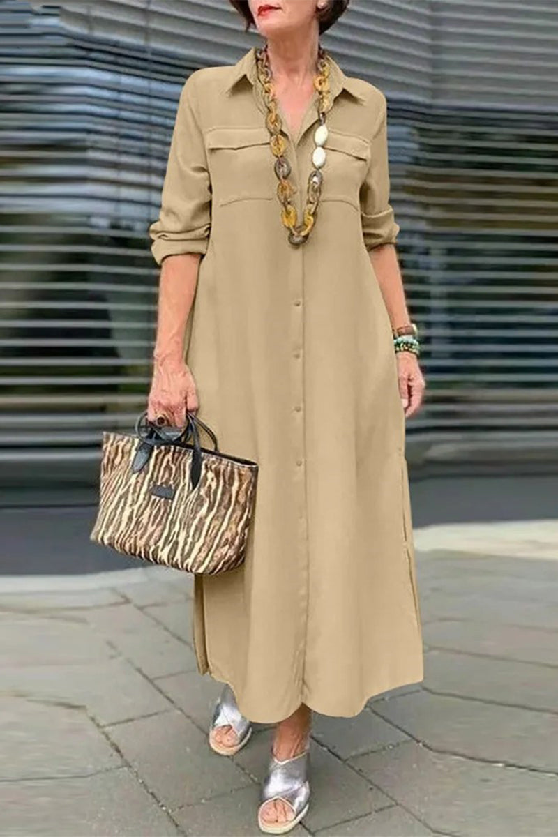 Casual Simplicity Buttons Turndown Collar Long Sleeve Dresses Khaki