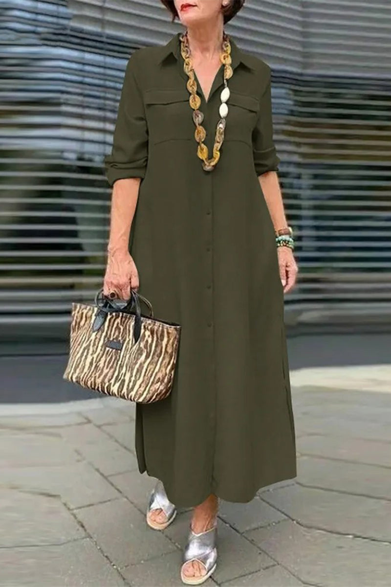 Casual Simplicity Buttons Turndown Collar Long Sleeve Dresses Army Green