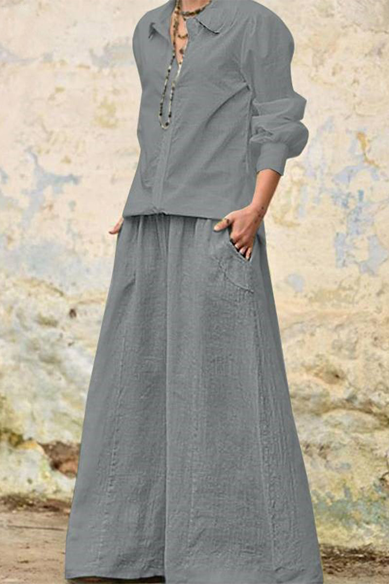 Casual Solid Pocket Turndown Collar Long Sleeve Two Pieces Grey