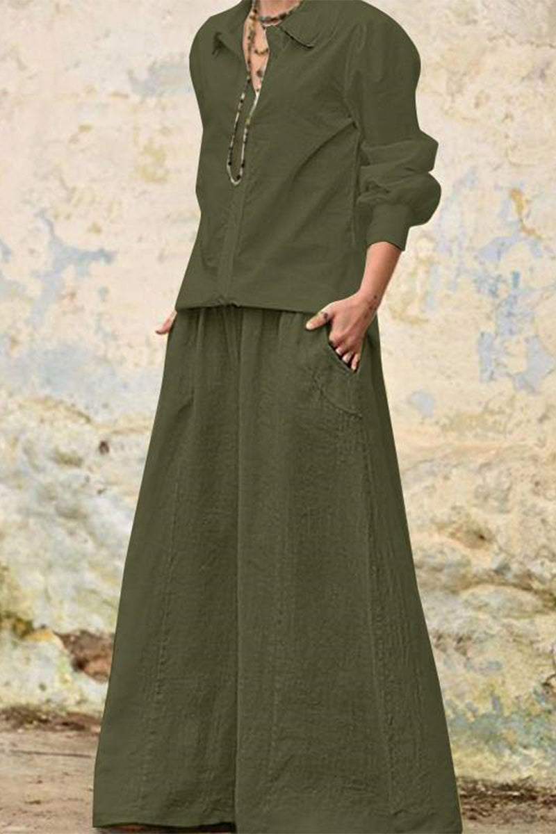 Casual Solid Pocket Turndown Collar Long Sleeve Two Pieces Army Green