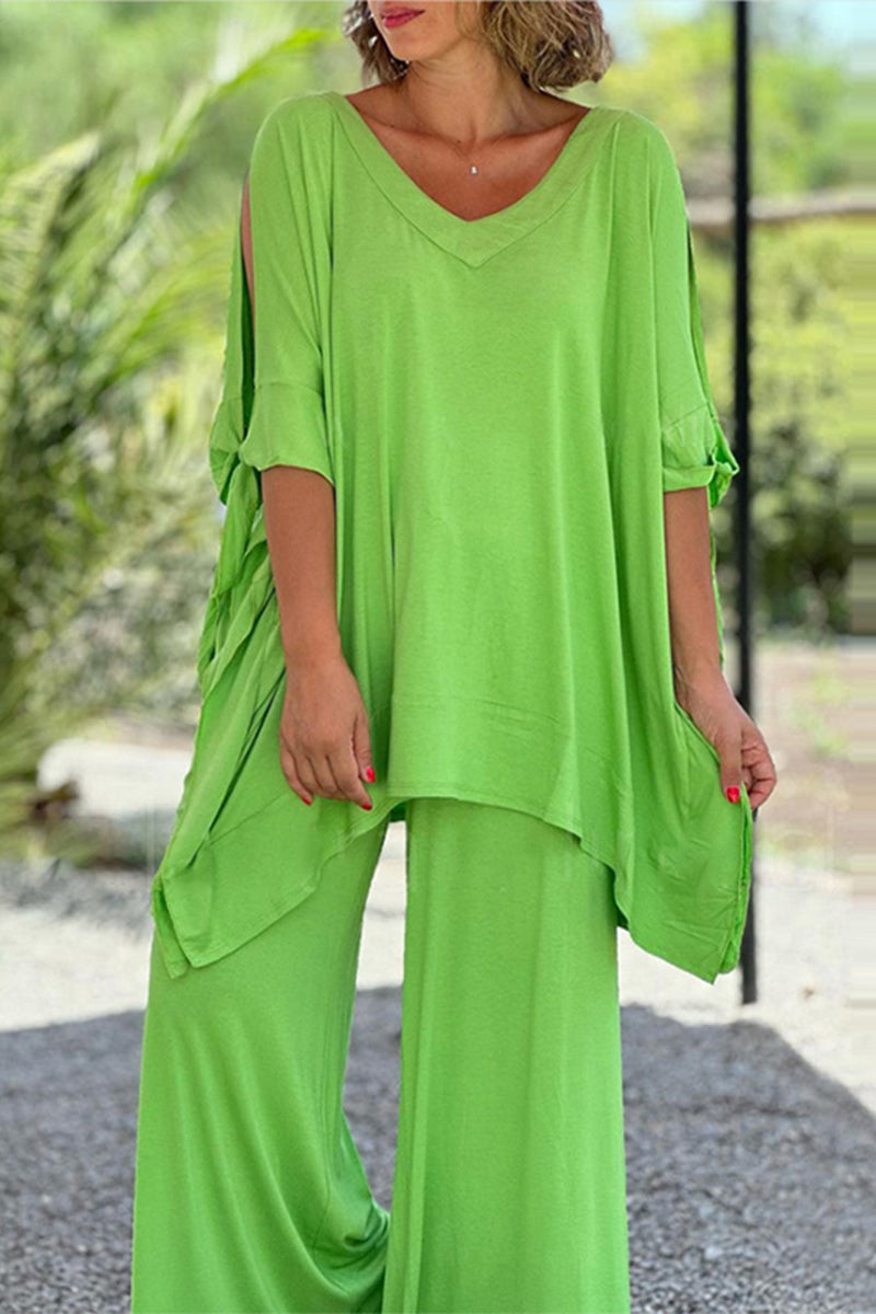 Casual Simplicity Solid Frenulum V Neck Half Sleeve Two Pieces Fluorescent Green