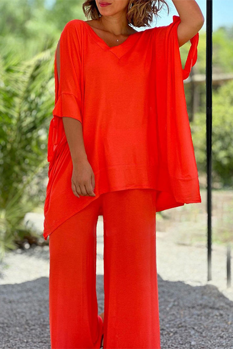 Casual Simplicity Solid Frenulum V Neck Half Sleeve Two Pieces Orange Red